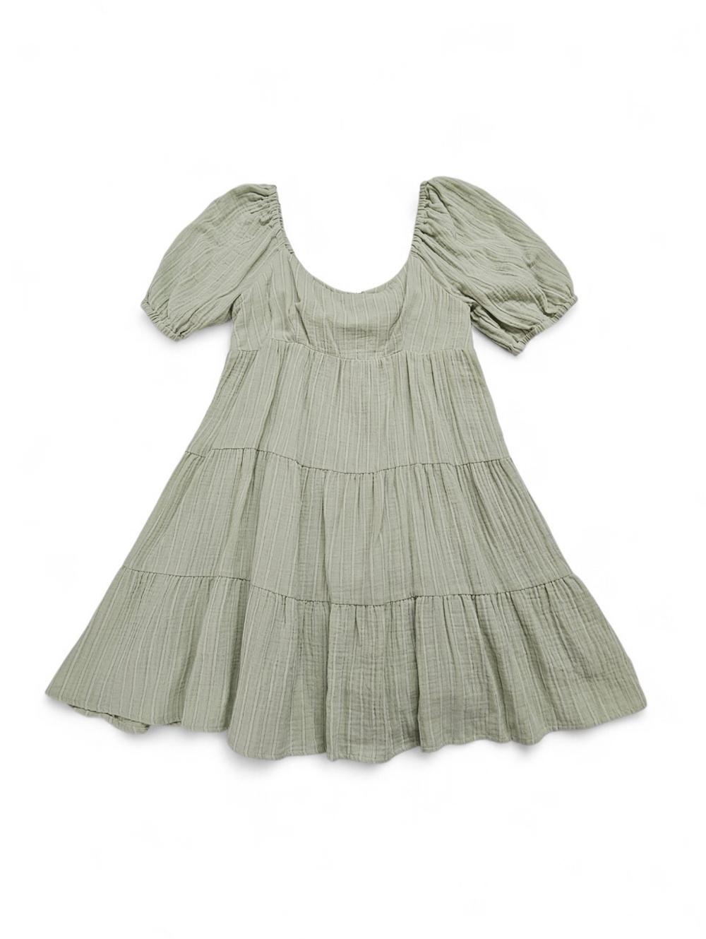 Every Square Neck Tiered Mini Dress With Puff Sleeve In Sage Green Stripe Size S - Picture 3 of 8